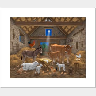 Baby Jesus Divine Manger Holy Night Christmas Nativity Scene Barnyard Farm Animals Posters and Art